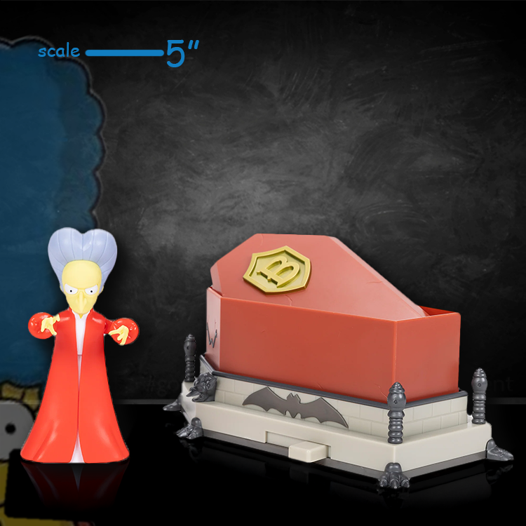 Jakks Pacific Vampire Mr. Burns 5-inch collectible action figure with coffin display stand on black background