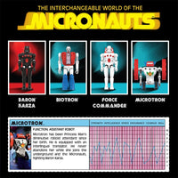 Microtron 3.75-Inch ReAction+ Figure by Super7 on a vintage Micronauts character card