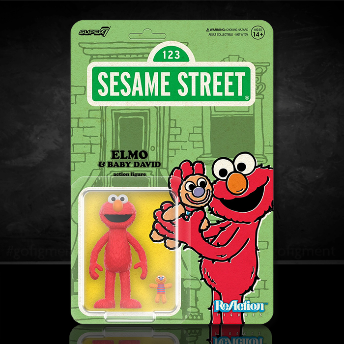 Super7 Sesame Street Elmo and Baby David action figures in collectible green display packaging with character illustration