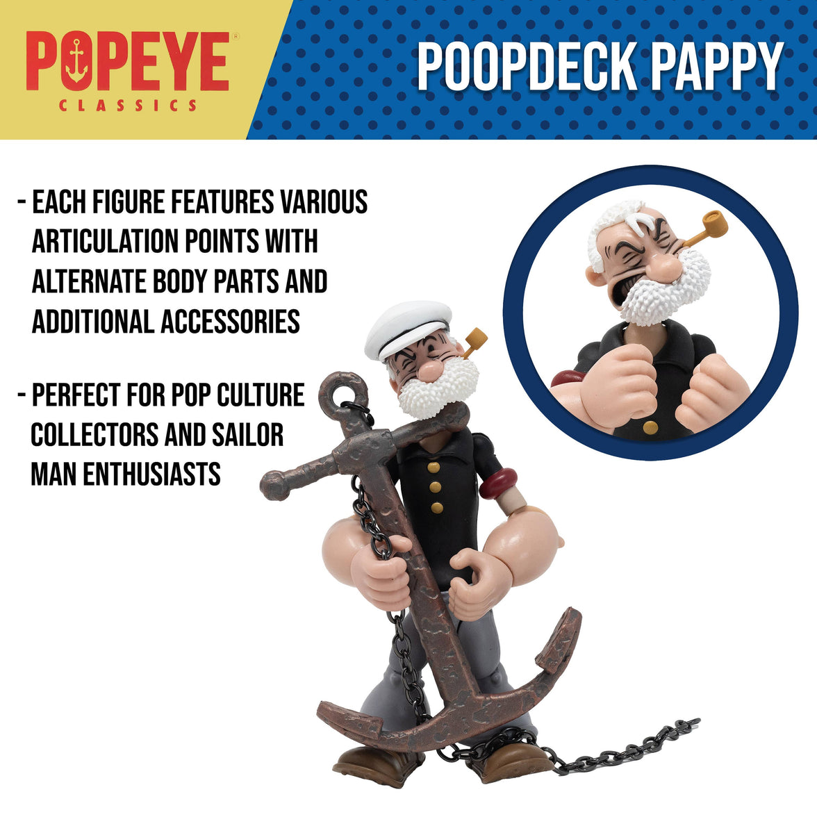 Boss Fight Studio Llc Poopdeck Pappy figure holding detailed rusty anchor with white beard and sailor hat close-up inset