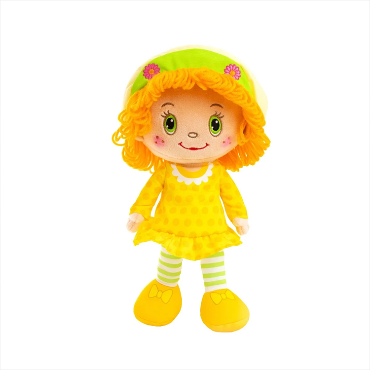 Strawberry Shortcake Lemon Meringue 14-inch scented rag doll in yellow dress and green-striped tights by Loyal Subjects