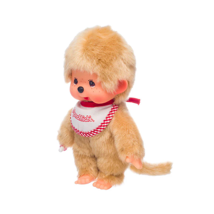 Sekiguchi Monchhichi Boy 8 inch beige fur plush monkey with red and white bib in branded packaging