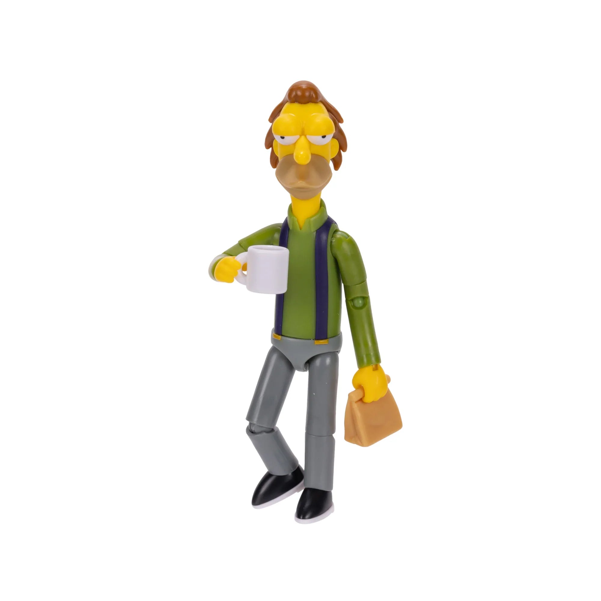 Jakks Pacific 5-inch Lenny Leonard action figure from The Simpsons holding bag and white mug isolated on white background
