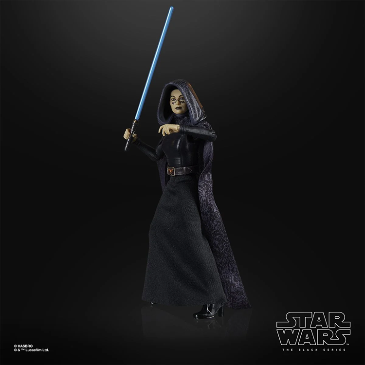 Hasbro Star Wars Black Series Barriss Offee 6-inch action figure with blue lightsaber and hooded cloak on black background