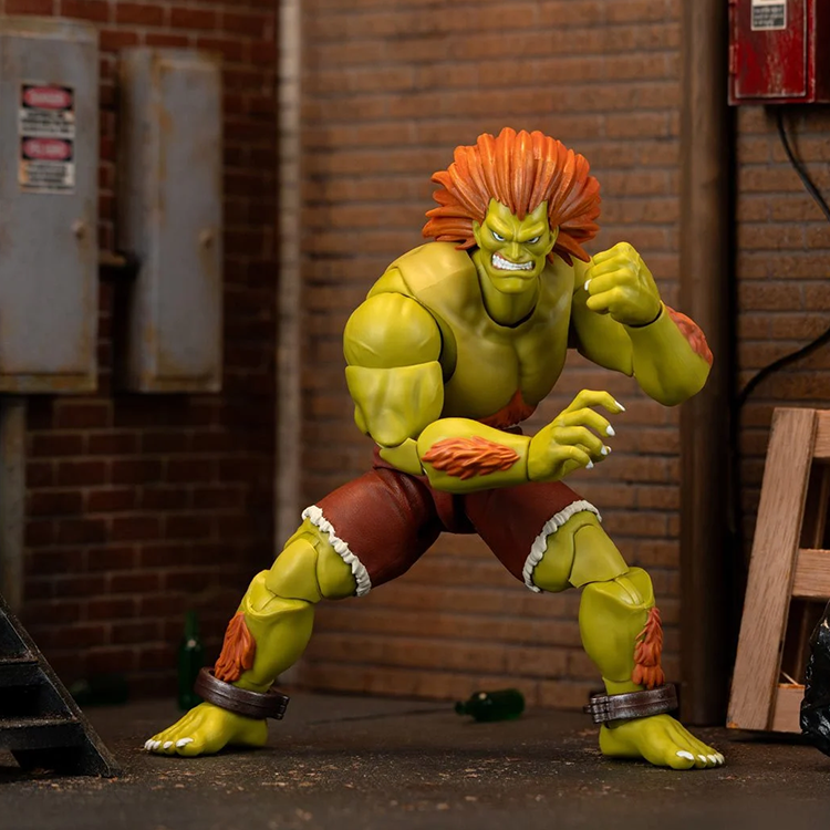 Jada Toys Ultra Street Fighter II Blanka 6-inch deluxe action figure posed in an urban alley setting
