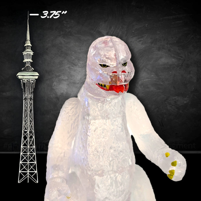 Clear translucent Ghost Godzilla 3.75 inch Loose Super7 Action Figure with red mouth and yellow claws close-up view