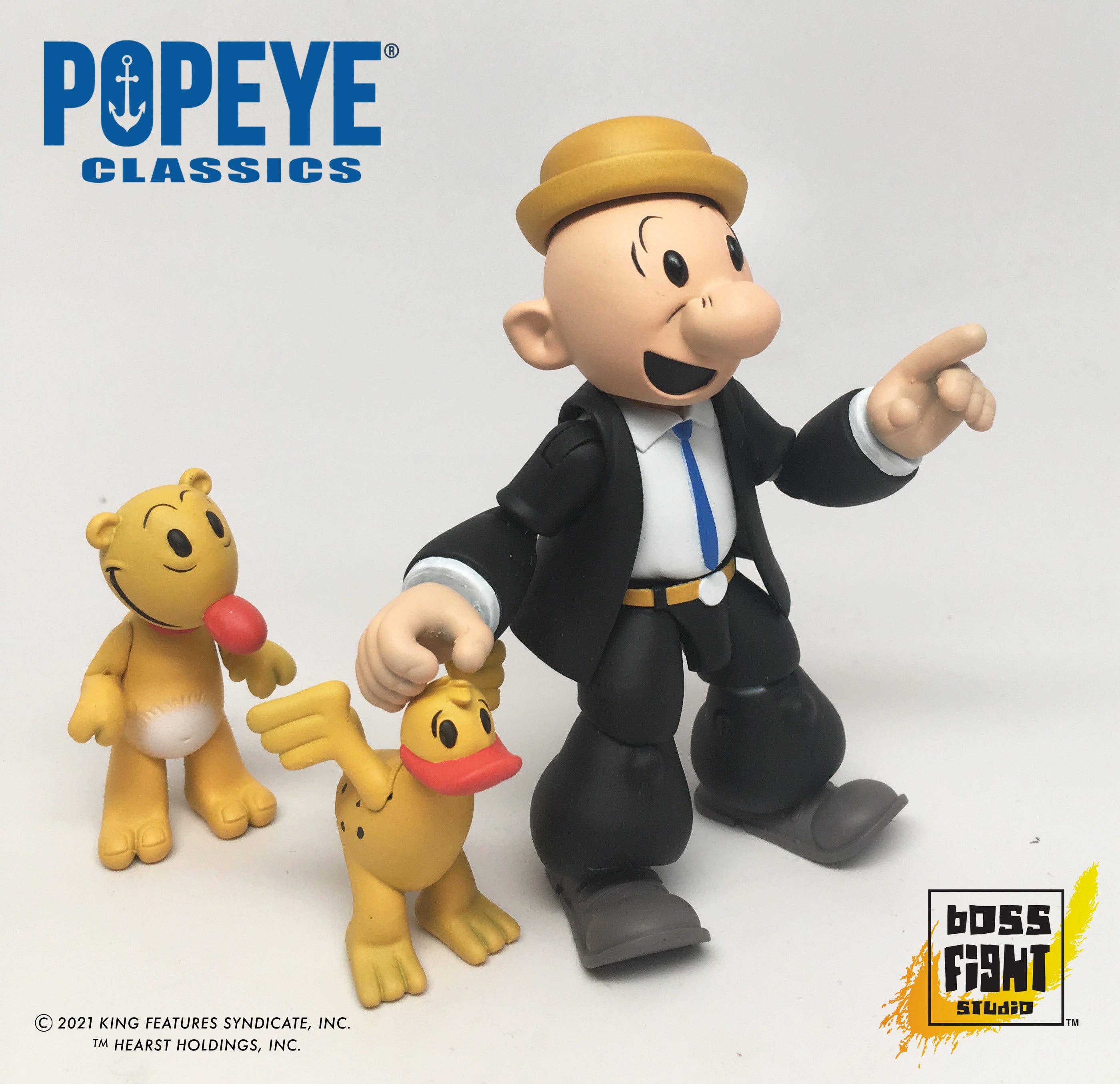 Boss Fight Studio Llc Castor Oyl Popeye Classics figure in suit with Bernice Whiffle Hen and Eugene Jeep on white background