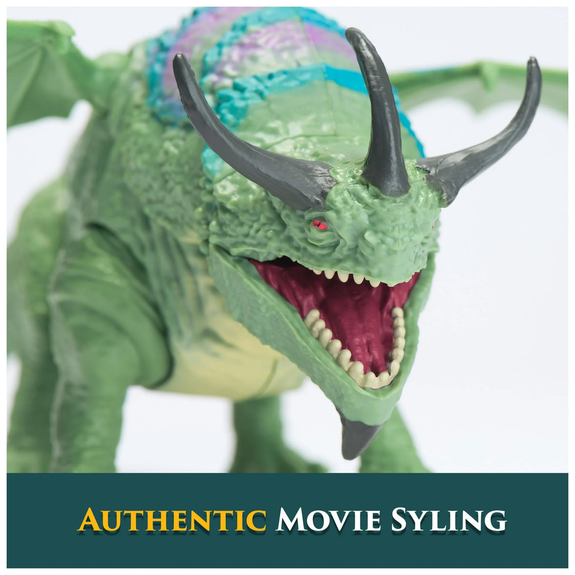 Close-up of Spin Master How to Train Your Dragon green Rumblehorn action figure with articulated wings and detailed scales