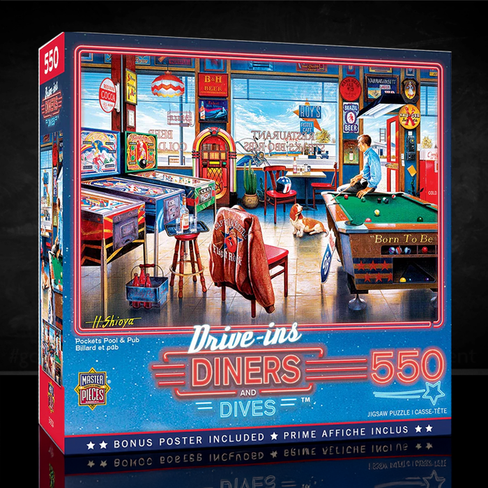 Master Pieces Drive-Ins Diners and Dives 550 piece puzzle featuring nostalgic pool hall and diner interior scene