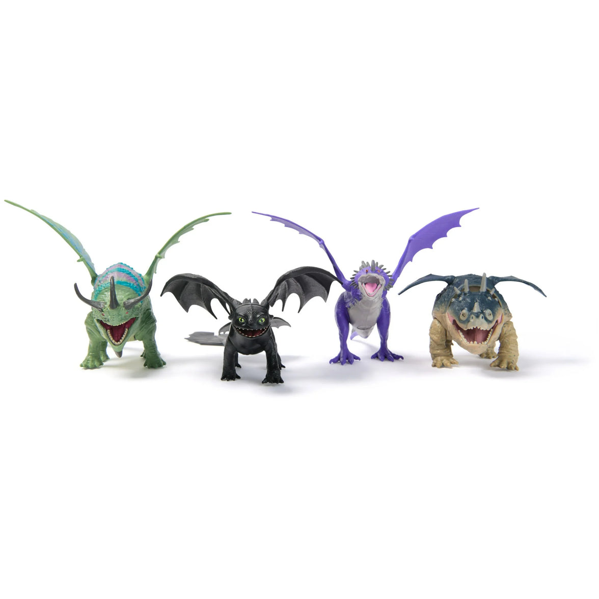 Set of four How to Train Your Dragon action figures by Spin Master featuring detailed dragon designs with articulated wings.