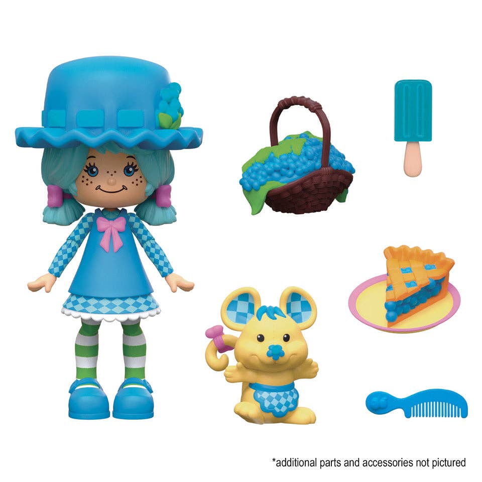Boss Fight Studio Llc Blueberry Muffin figure in blue hat and dress with green striped socks and basket, mouse, popsicle, pie, and comb accessories