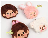 K-Wonderland Monchhichi plush snap coin purses featuring brown, pink rabbit, and white lamb designs with soft textures