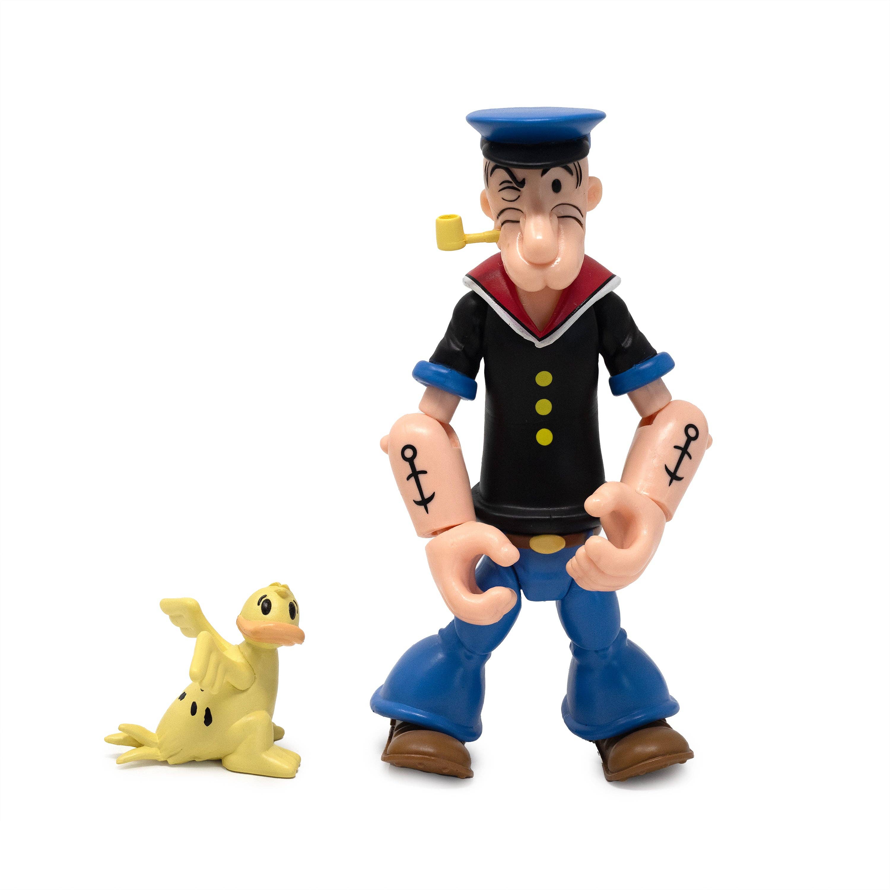 Boss Fight Studio Llc Popeye first appearance figure in black shirt, blue pants with pipe and yellow bird accessory on white background