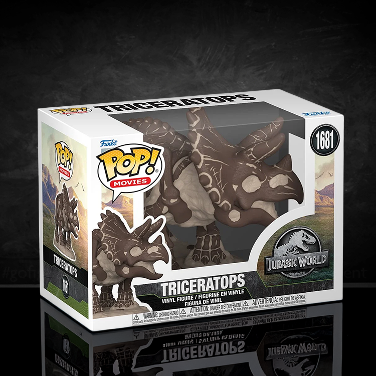FUNKO Fossil Triceratops Pop Vinyl Figure in window box with skeleton details from Jurassic World collection. FUNKO