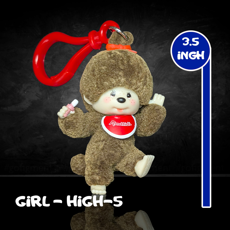 Sekiguchi Monchhichi 3.5-inch plush textured girl figure bag clip with red clasp holding bottle accessory