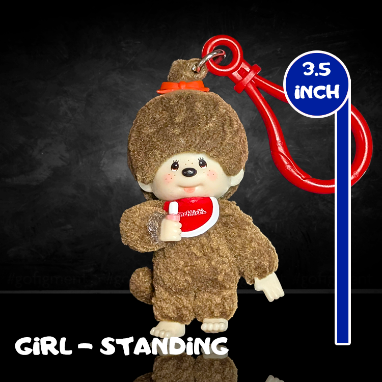 Sekiguchi Monchhichi 3.5-inch standing girl figure bag clip with soft flocked vinyl and red keyring attachment