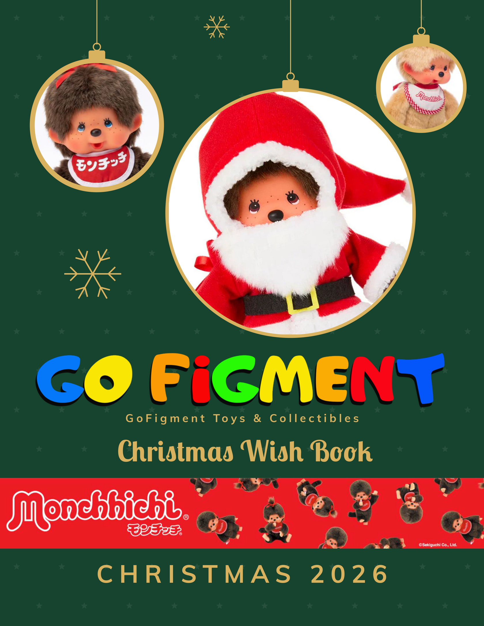 Christmas Wish Book cover with Monchhichi dolls in ornaments, a Santa outfit, and Christmas 2026 text