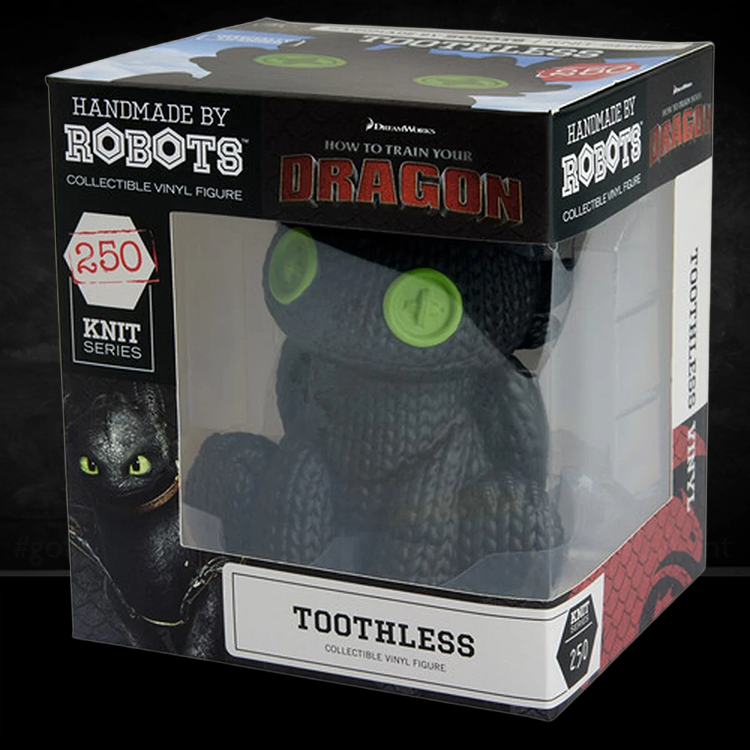 Handmade by Robots Toothless 250 collectible vinyl figure from How to Train Your Dragon in knit series packaging