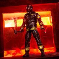 Hasbro GI Joe Classified Series firefighter figure in full gear holding fire axe and hammer with fiery background