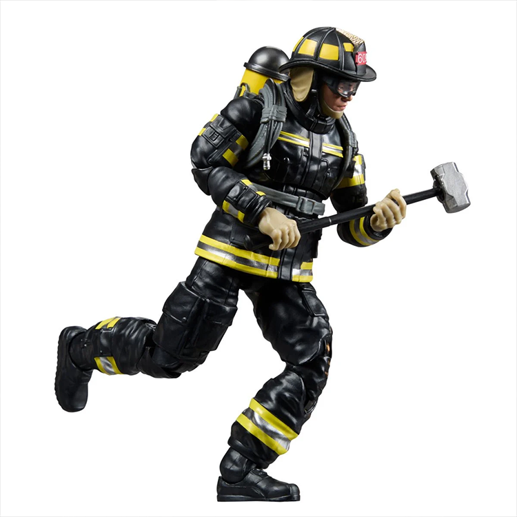 Hasbro GI Joe Classified Series firefighter figure in black and yellow gear holding a rescue tool in running pose