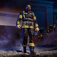 Hasbro GI Joe Classified Series firefighter figure in black and yellow uniform holding helmet with smoke background