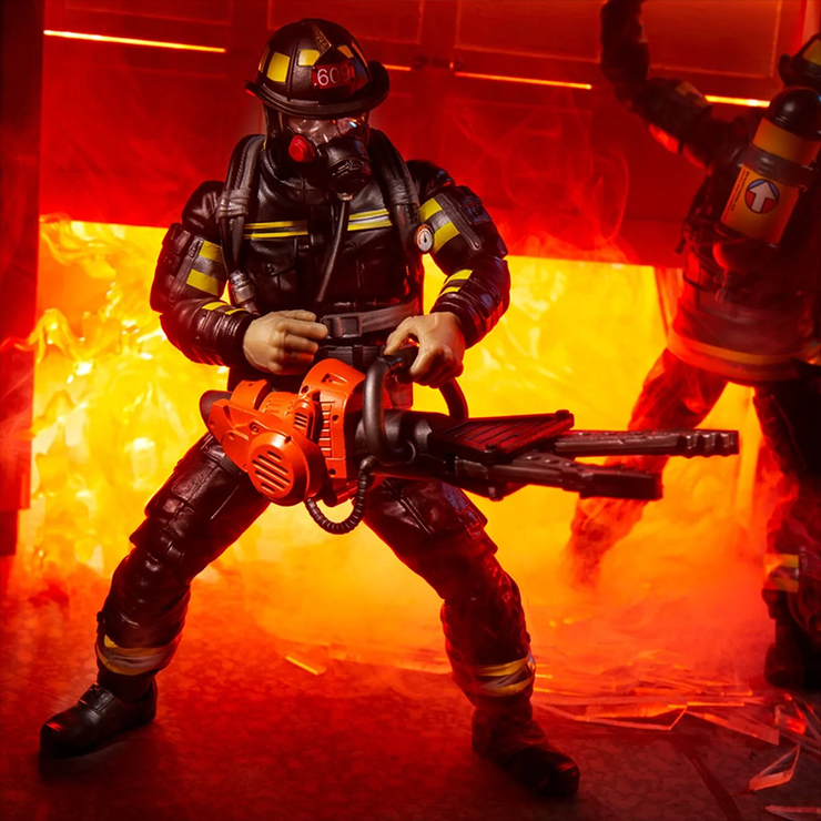 Hasbro GI Joe Classified Series firefighter figure in black gear holding a chainsaw with fire backdrop