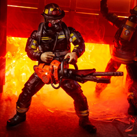 Hasbro GI Joe Classified Series firefighter figure in black gear holding a chainsaw with fire backdrop
