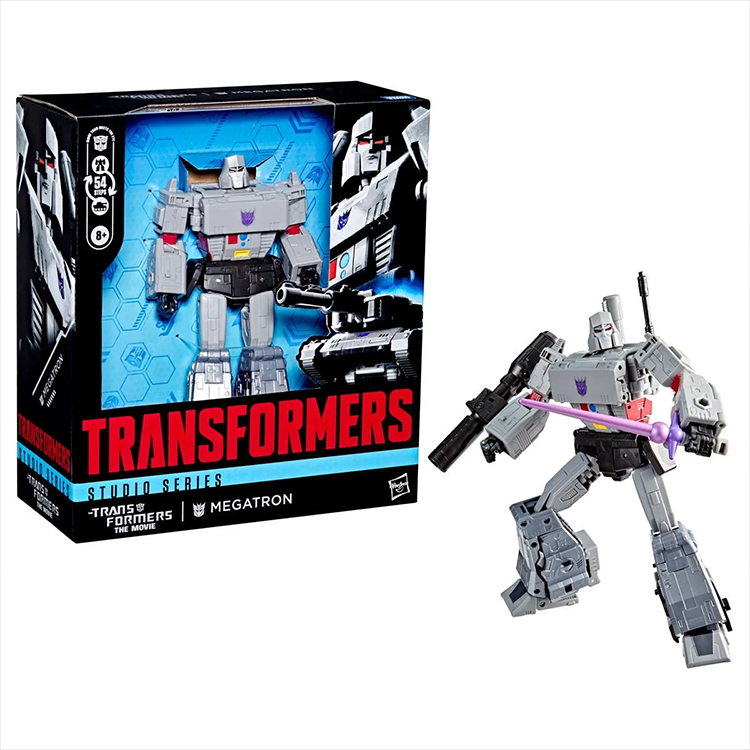Leader Class Megatron Transformers Movie Studio Series action figure with armor and weapon posed, by Hasbro.