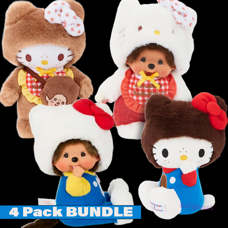 Limited edition Sekiguchi collaboration featuring four plush Monchhichi and Hello Kitty characters in cute costumes