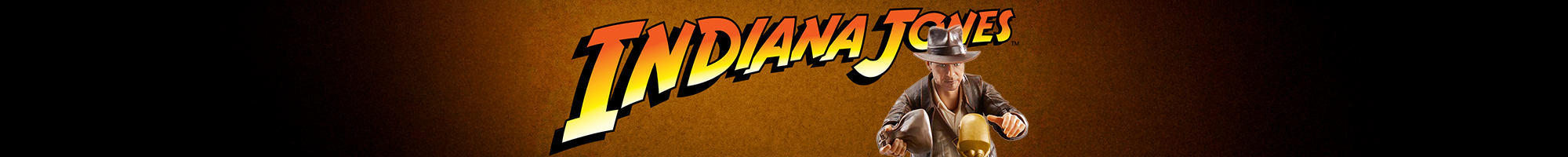 Indiana Jones in iconic outfit with whip and hat against dark textured background with bold Indiana Jones logo above.
