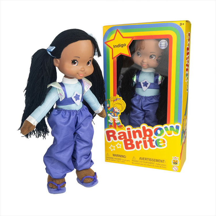 Rainbow Brite Indigo 12-inch plush doll by The Loyal Subjects with detailed outfit and packaging display.