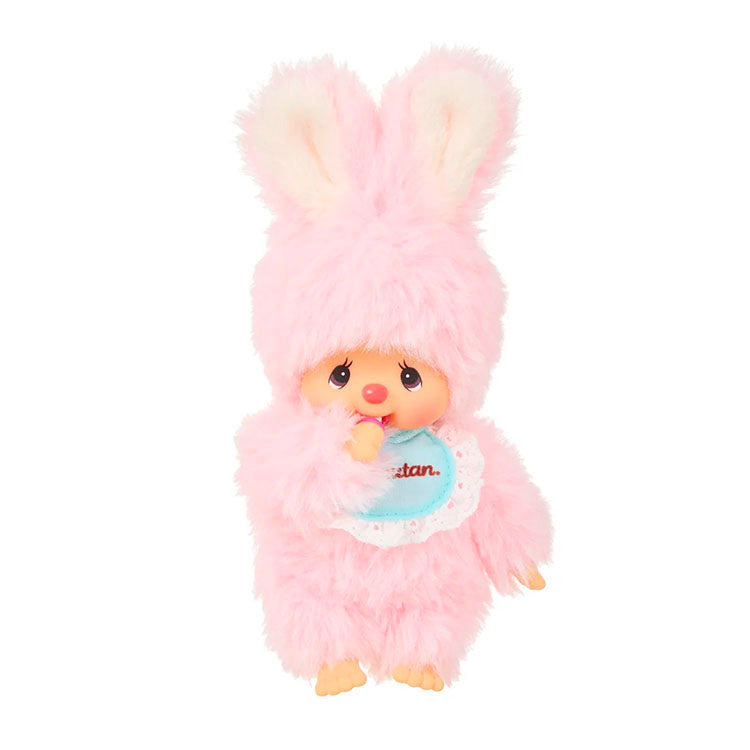 Sekiguchi Monchhichi Chimutan plush in pastel pink bunny outfit, 4.75 inches tall with soft fur and cute face