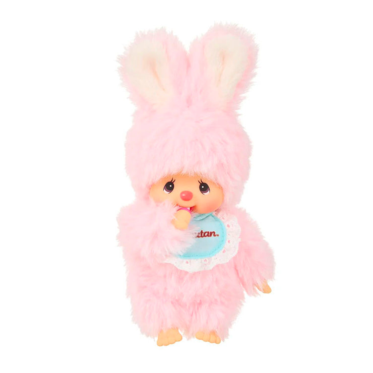Sekiguchi Monchhichi Chimutan plush in pastel pink bunny outfit, 4.75 inches tall with soft fur and cute face