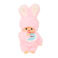 Sekiguchi Monchhichi Chimutan plush in pastel pink bunny outfit, 4.75 inches tall with soft fur and cute face