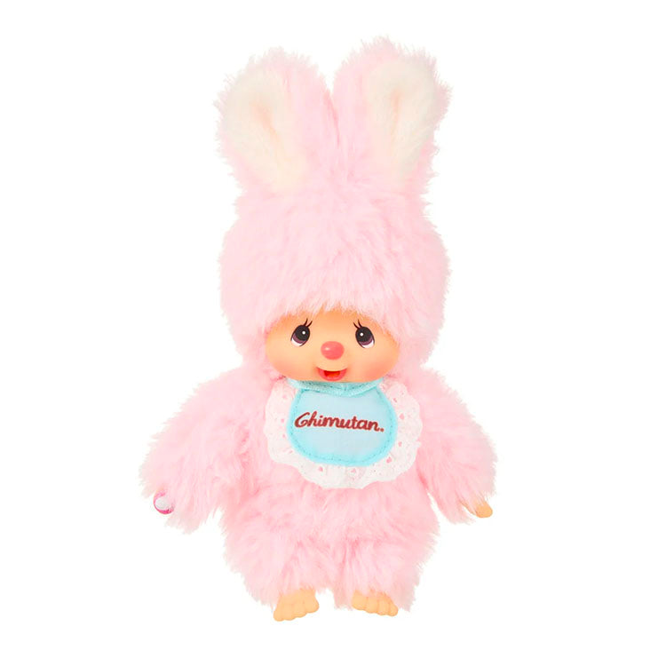 Sekiguchi Monchhichi Chimutan plush in pastel pink bunny outfit standing 4.75 inches tall with cute facial expression