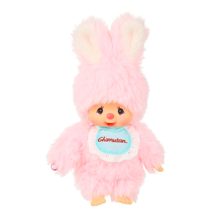 Sekiguchi Monchhichi Chimutan plush in pastel pink bunny outfit standing 4.75 inches tall with cute facial expression