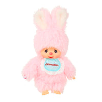 Sekiguchi Monchhichi Chimutan plush in pastel pink bunny outfit standing 4.75 inches tall with cute facial expression