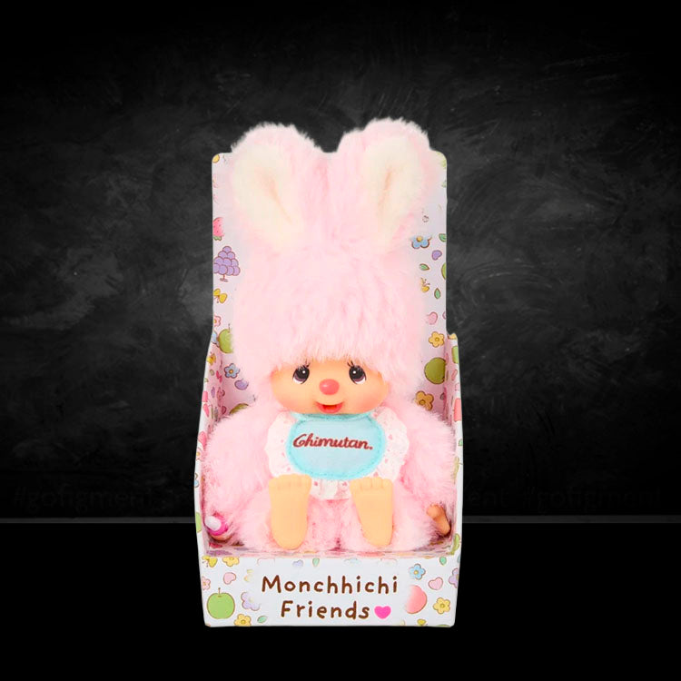 Sekiguchi Monchhichi Chimutan plush 4.75 inch pastel pink bunny in original packaging on black background