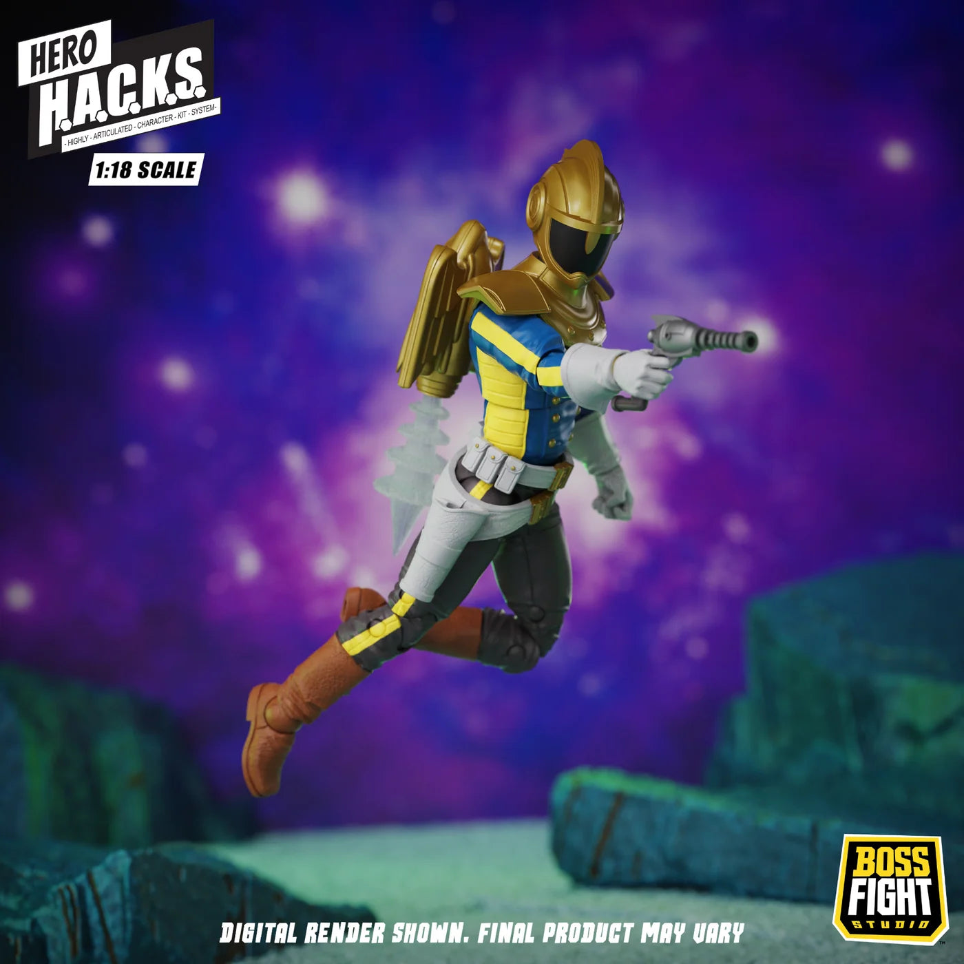 Jett Steelblade 4" Boss Fight Studio Action Figure Hero HACKS Articulated with gold armor, wings, and blaster