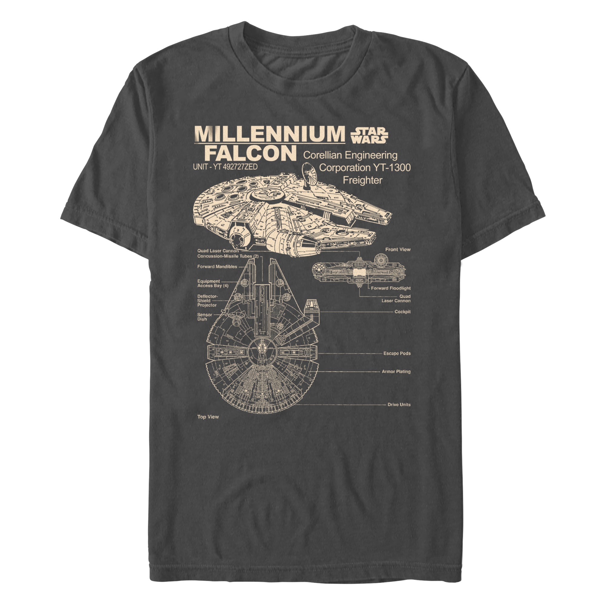 An image of a  Star Wars Millennium Falcon Corellian Freighter Unisex Charcoal t-Shirt
