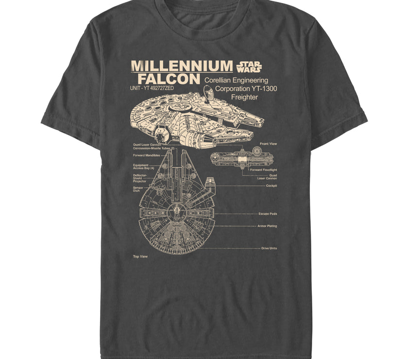 An image of a  Star Wars Millennium Falcon Corellian Freighter Unisex Charcoal t-Shirt