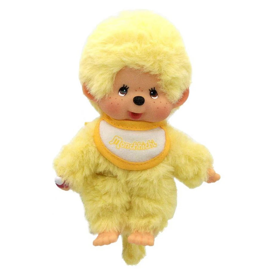 Sekiguchi Monchhichi plush in sunny yellow with soft body, pacifier, and classic friendly face, perfect for collectors.