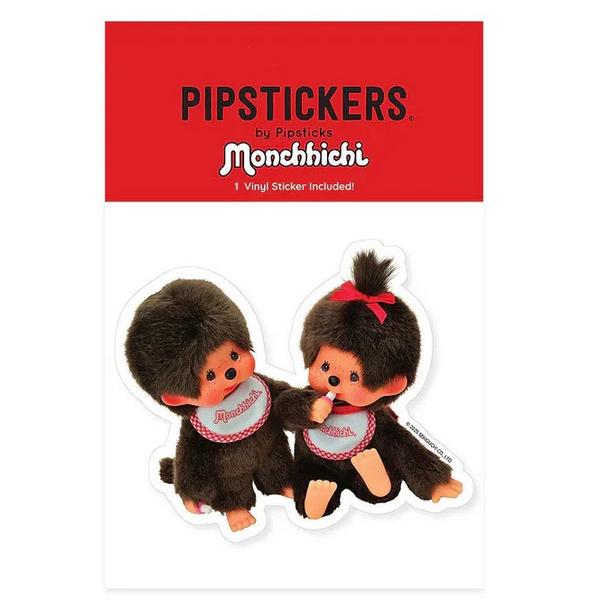 Two Monchhichi stickers with a red background featuring 'Pipsticks' branding.