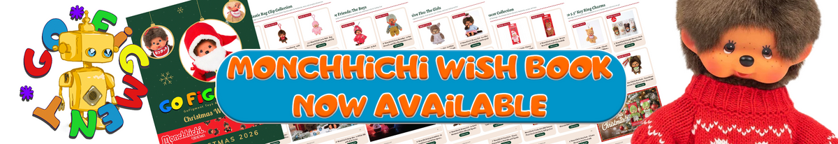 Monchhichi doll in a red sweater beside colorful letters and a sign reading Monchhichi Wish Book Now Available