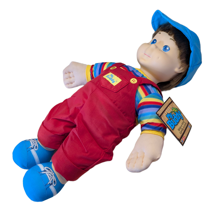 Playskool My Buddy 18-inch doll wearing red overalls, striped shirt, and blue cap with tag on white background