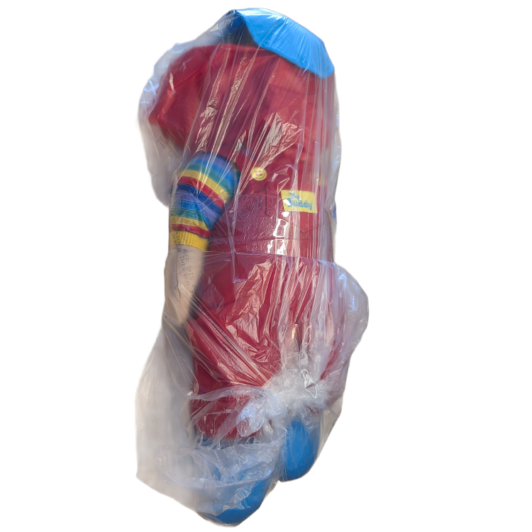 Playskool My Buddy 18-inch doll dressed in red outfit and blue cap sealed in clear plastic bag for shipping