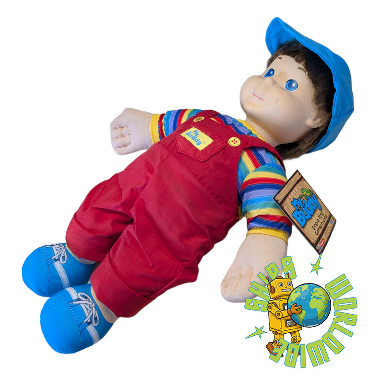 Playskool My Buddy 18-inch doll wearing red overalls and blue cap lying on white background with tag attached