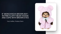8" Monchhichi Brown Boy - in Pink Fluffy Bear Hoodie and Cape with Brown Eyes by@Outfy
