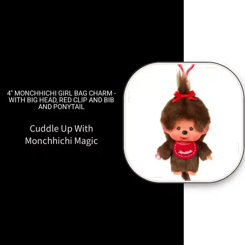 4" Monchhichi Girl Bag Charm - with Big Head, Red Clip and Bib and Ponytail by@Outfy
