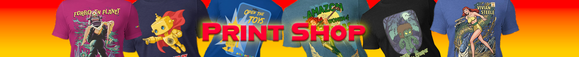 Colorful print shop banner featuring various graphic t-shirt designs with fantasy and pop culture themes against a gradient background